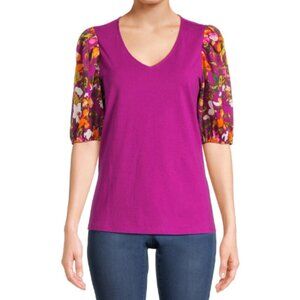 The Pioneer Woman V-Neck Balloon Sleeve Rose Floral Top, size M